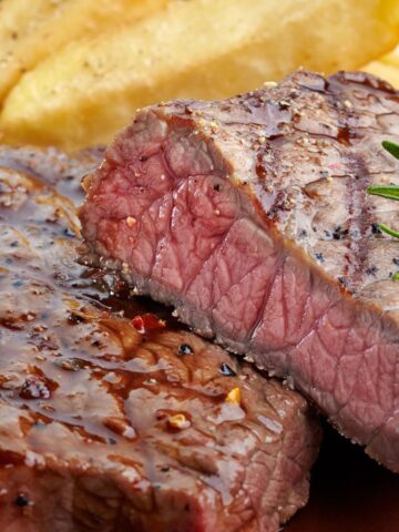 Cooked steak.